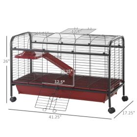 PawHut 41L Small Animal Cage, Pet Play House For Rabbit Hutch Ferret With Feeder, Rolling Wheels, Platform, Ramp (Option: Red and Black)