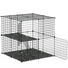 1Pc 2Tier Cat Cage Playpen Indoor Pet Enclosures Kitten Kennel House Detachable Cat Crate With Climbing Ladder 2 Doors For 1 To 2 Cats For Ferret (Option: Black)