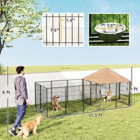 Large Outdoor Dog Kennel With Rotating & Adjustable Height Bowls, Waterproof & UV-Resistant Canopy (Option: Coffee)